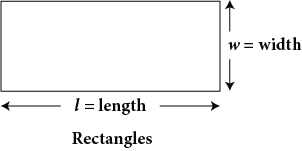 Rectangles, a four-sided polygon, have a width, w, in this case the vertical side, and a length,  l, in this case the horizontal side.
