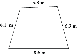 A four-sided polygon with sides of the following length: 6.1m, 8.6m, 6.3m, and 5.8m.