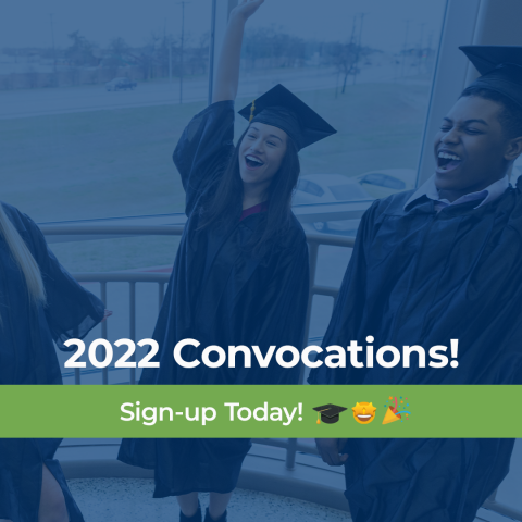 photo of students in graduation regalia celebrating with a blue overlay. Text: 2022 Convocations! Sign Up Today!