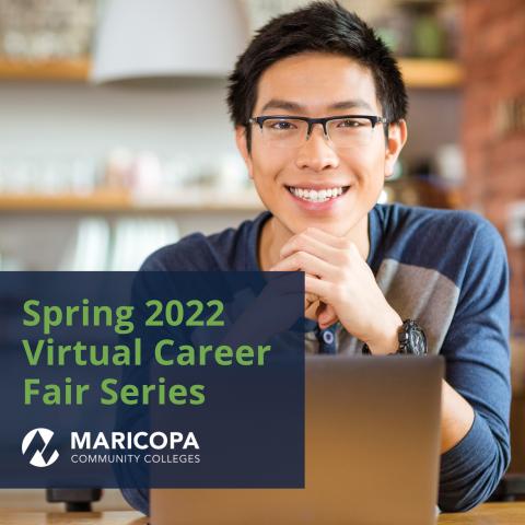 photo of a student sitting at a computer with text: Spring 2022 Virtual Career Fair Series photo of a student sitting at a computer with text: Spring 2022 Virtual Career Fair Series