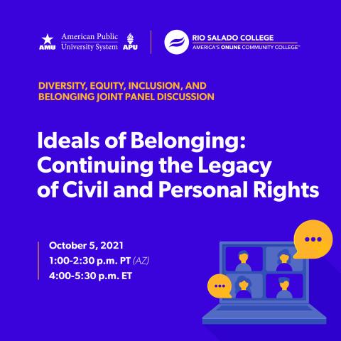 Ideals of Belonging Illustration of a laptop. Text: Diversity, Equity, Inclusion, and Belonging panel discussion. Ideals of Belonging: Continuing th