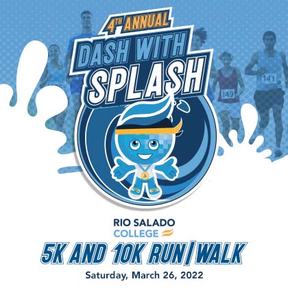 cartoon image of Rio mascot Splash with test: 4th annual Dash with Splash 5K and 10K Run/Walk Saturday March 26, 2022