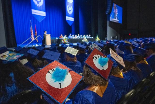 Commencement 2022 Graduation caps decorated with "Thing 1" and "Thing 2" from Dr. Seuss