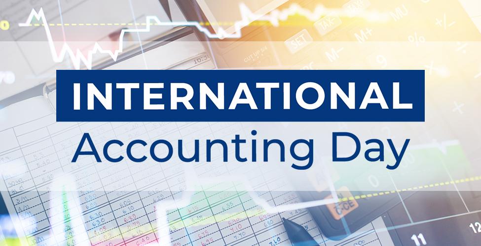 Accounting ledgers and graphs with text: International Accounting Day