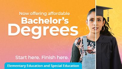 image of student split in middle, half normal clothes, half cap and gown. Text: Now offering affordable Bachelor's Degrees. 