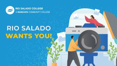 Graphic of a person holding a giant camera. Text: Rio Salado Wants You!