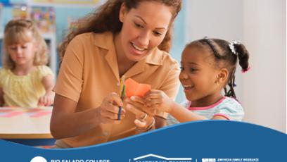 image of a woman teaching a preschooler with the Rio Salado College and American Family Insurance logos