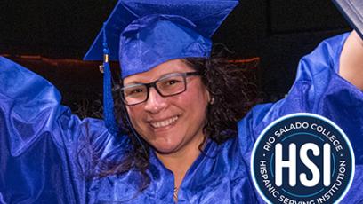 image of a graduate with her arms raised and the HSI Rio Salado College logo