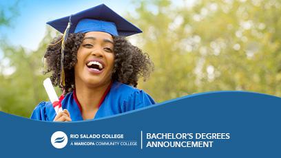 graduate smiling and holding her diploma. Text: Bachelor's Degree Announcements. Rio logo.