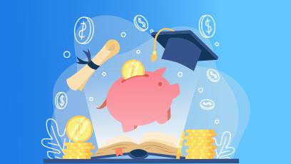 colorful graphic of a piggy bank, grad cap, diploma and coins