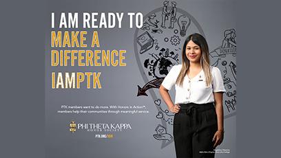 I am ready to make a difference, I am PTK with a female student posing with her hand on her hip