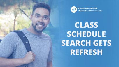Student with a backpack. Text: Class schedule search gets refresh