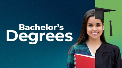 woman holding a textbook on her right half and wearing a graduation cap and gown on her right. Text: Bachelor's Degrees