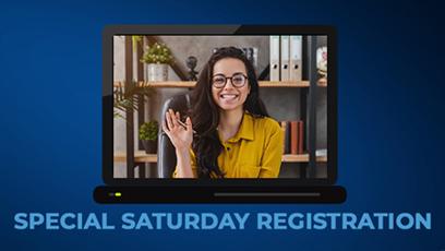 girl waving in a virtual meeting. Text: Special Saturday Registration