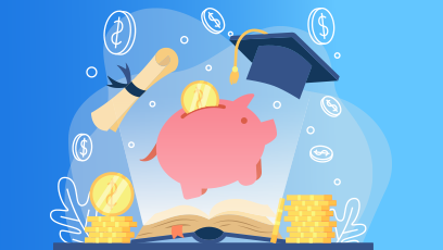 A piggybank, graduate cap, and diplomas overlaid on a blue backdrop