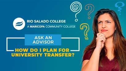 female student expressing thinking with her hand on her chin. Text: Ask an Advisor How do I plan for university transfer?