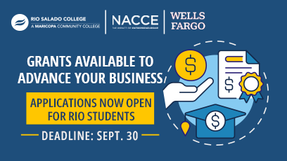 Text: Grants available to advance your business. Applications now open for Rio students. Deadline: Sept. 30