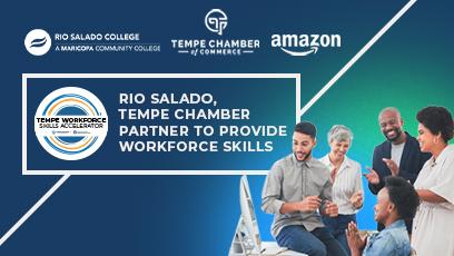 group of employees collaborating. text: Tempe Workforce Skills Accelerator Scholarship Now Open