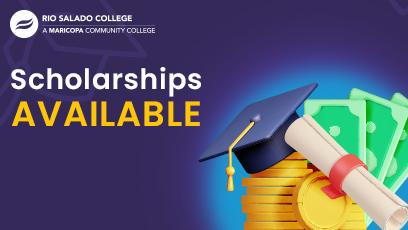 colorful graphic with money, diploma and cap. Text: Scholarships Available