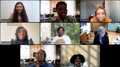 screengrab from the webinar, shows camera views of the presenter and speakers in a square collage.