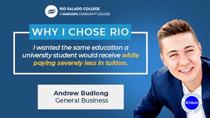 headshot of Andrew Budlong with text: Why I Chose Rio, Andrew Budlong, General Business