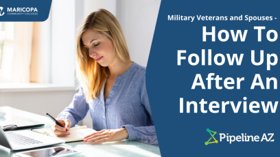 woman looking at paperwork in front of a laptop. text 'Military Veterans and Spouses- How To Follow Up After An Interview'