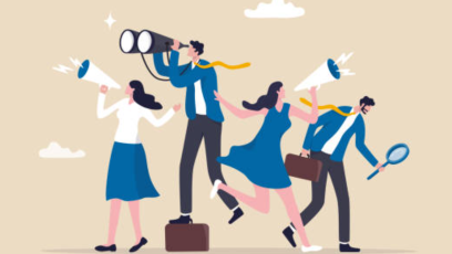 Cartoon illustrations of people using megaphones, magnifying glasses, and binoculars to look for something