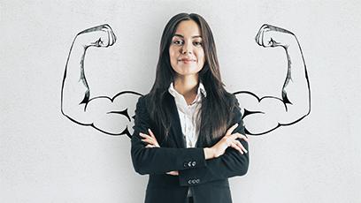 Portrait of attractive young businesswoman with drawn muscly arms. Confidence and strength concept