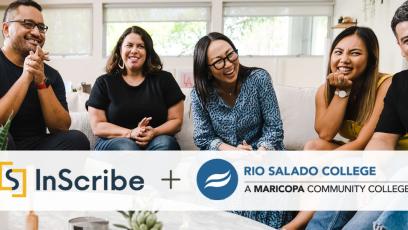  Group of diverse people gathered in a living room laughing.  Text: Inscribe + Rio Salado College