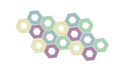 Abstract pattern of interlocking pastel-colored hexagons on a white background.