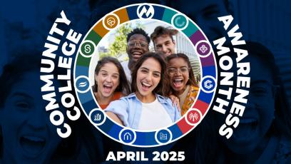 Students with words Community College Awareness Month