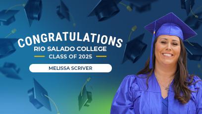 Melissa Scriver, wearing a royal blue graduation cap and gown, smiles in front of a background filled with floating graduation caps. Text above her reads, “Congratulations Rio Salado College Class of 2025” with her name, “Melissa Scriver,” displayed in a white button-style box below.
