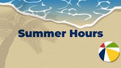 Illustration of a beach scene with ocean waves at the top, tan sand, a palm tree shadow, and a colorful beach ball in the bottom right corner. Bold navy text in the center reads “Summer Hours.”