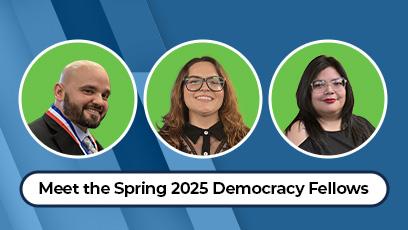 A promotional graphic introduces the Spring 2025 Democracy Fellows from Rio Salado College. Three individuals are shown in circular photo frames on a blue geometric background. From left to right: Angelo Lopez, a man with a shaved head and beard wearing a medal and dark suit; Marielena Aguirre, a woman with straight dark hair and red lipstick wearing a black top; and Lucero Arciniega, a smiling woman with long hair and glasses. Below their portraits, text reads: “Meet the Spring 2025 Democracy Fellows.”
