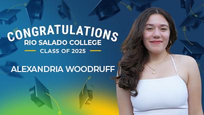 A congratulatory graphic for Rio Salado College Class of 2025 graduate Alexandria Woodruff. She is smiling and wearing a white halter top against a colorful background with blue, green, and yellow gradients and floating graduation caps. Text reads: “Congratulations Rio Salado College Class of 2025 – Alexandria Woodruff.”