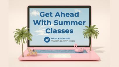 Picture of a laptop with palm trees and a pool. Text 'Get Ahead With Summer Classes'