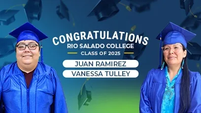 A celebratory graphic featuring Rio Salado College Class of 2025 graduates Juan Ramirez and Vanessa Tulley. Both are wearing blue caps and gowns and smiling proudly. The background features floating graduation caps and a gradient of blue and green. Text above them reads: “Congratulations Rio Salado College Class of 2025,” with their names displayed at the bottom: Juan Ramirez and Vanessa Tulley.