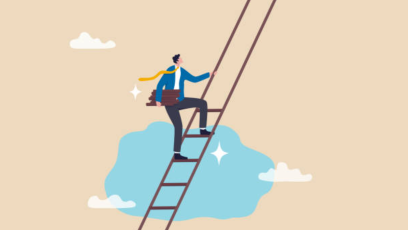 Cartoon image of a man climbing a ladder 