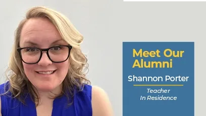 Shannon Porter, a Rio Salado College alumna, smiles in a close-up portrait against a plain light-colored wall. She is wearing glasses and a royal blue sleeveless top. A graphic overlay reads: “Meet Our Alumni – Shannon Porter – Teacher In Residence.”