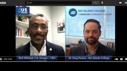 YouTube interview with US Hunger CEO Rick Whitted and Rio Salado VP Dr. Greg Pereira in their offices. Organization logos.