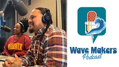 The Wave Makers Podcast logo features a retro-style orange and yellow microphone with black dots, partially wrapped in a stylized blue ocean wave. The microphone is set inside a teal speech bubble shape. Below, the words “Wave Makers” appear in bold blue letters, with “Podcast” in a flowing script font.