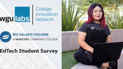  Young hispanic woman sitting in a garden with laptop, smiling at camera. WGU Labs, College Innovation Network, Rio Salado Colle