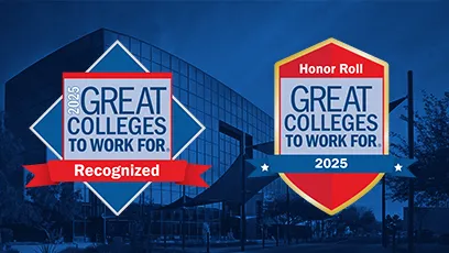 A promotional graphic celebrates Rio Salado College’s recognition in the 2025 Great Colleges to Work For program. The background shows a modern glass-walled campus building with a blue overlay. In the foreground, two award-style badges are displayed: one diamond-shaped badge reads “2025 Great Colleges to Work For – Recognized,” and one shield-shaped badge reads “Honor Roll – Great Colleges to Work For – 2025.”