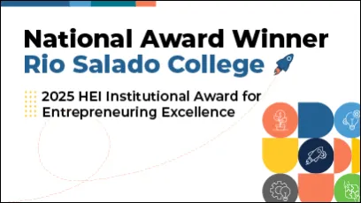 A graphic announcement with colorful icons on the right side and a small rocket illustration at the top. The text reads: “National Award Winner Rio Salado College. 2025 HEI Institutional Award for Entrepreneuring Excellence.”