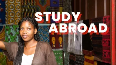 A woman stands in front of a colorful wall covered with patterned fabrics, smiling slightly while resting her hand on a doorway. The bold white and red text above her reads “STUDY ABROAD.”