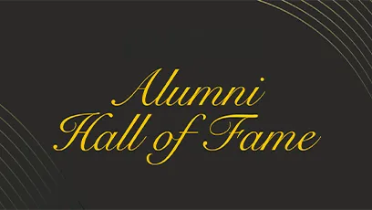Graphic for Rio Salado College’s Alumni Hall of Fame, featuring elegant gold script on a dark background with curved gold lines. The Rio Salado College and Maricopa Community College logos appear at the top.