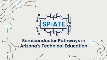 Graphic with a blue circuit-board design on a light background. At the center is a microchip icon containing the text “SP-ATE.” Below it reads: “Semiconductor Pathways in Arizona’s Technical Education.”