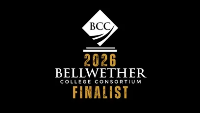 Graphic with a black background featuring the Bellwether College Consortium logo at the top. Below it, large gold and white text reads: "2026 Bellwether College Consortium Finalist."
