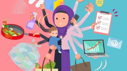 A woman wearing hijab who perform multitasking in offices and private. Shows her with multiple arms doing home tasks and work.