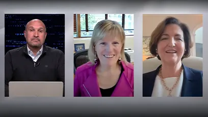 Screenshot of a virtual podcast interview featuring three speakers in separate frames: a man on the left seated at a laptop, a woman in the center wearing a pink jacket and smiling, and a woman on the right wearing a blazer and necklace, also smiling.